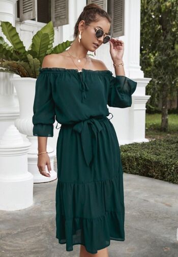 Robe à Épaules Dénudées avec Cravate-Vert 3