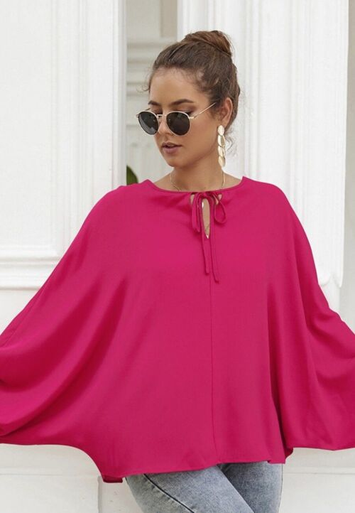 Tie Neck Dolman Sleeve Blouse-Fuchsia