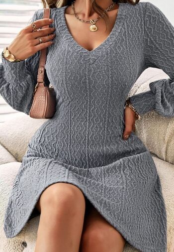 Robe Pull En Tricot Torsadé Texturé-Gris 1