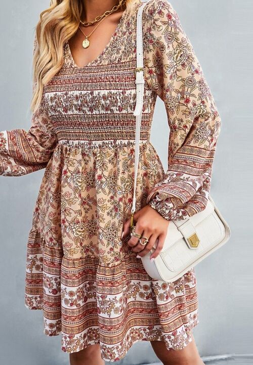 V Neck Bohemian Print Dress-Beige