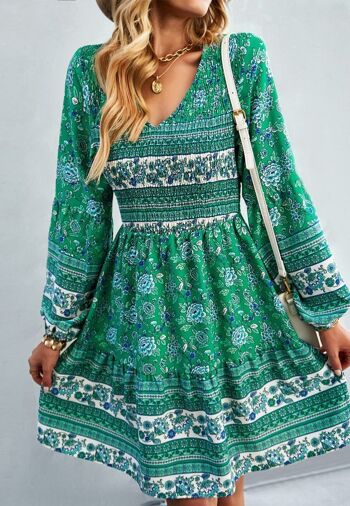 Robe imprimée bohème à col en V-Vert 4