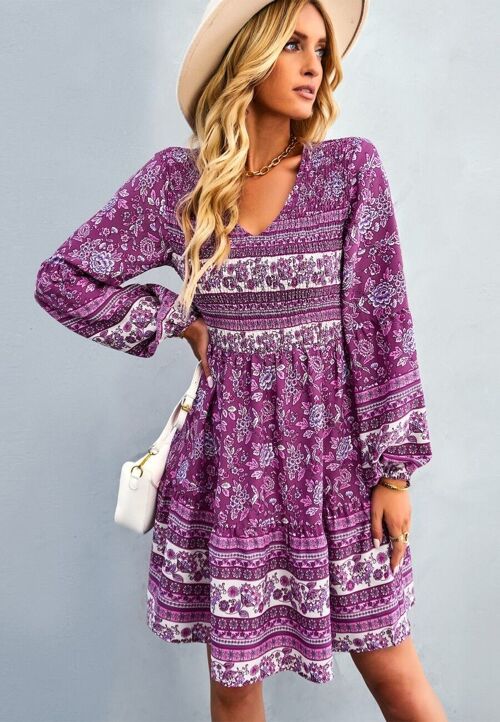 V Neck Bohemian Print Dress-Purple