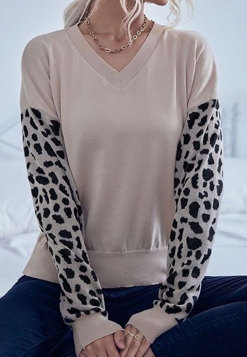 Cheetah Two Tone Drop Shoulder Sweater-Beige