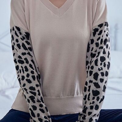 Cheetah Two Tone Drop Shoulder Sweater-Beige