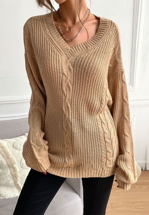 Solid Cable Knit Long Sweater-Beige