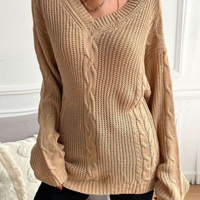 Solid Cable Knit Long Sweater-Beige
