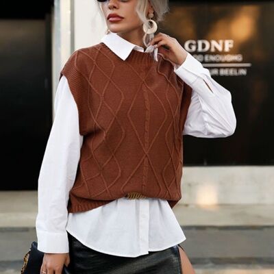 Gilet autunnale in maglia a trecce-marrone