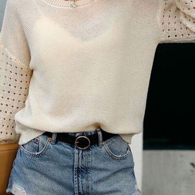 Crochet Knit Drop Shoulder Sweater-Light Beige