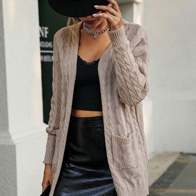 Cable Knit Front Pocket Cardigan-Beige