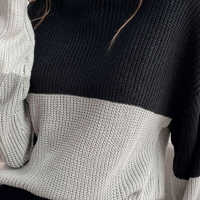 High Neck Color Block Sweater-Black
