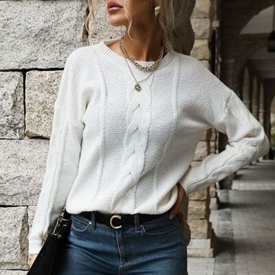 Textured Cable Knit Classic Sweater-White