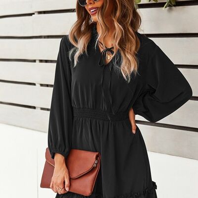 Solid Shirred Waist Dress-Black