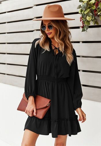 Robe à taille froncée unie-Noir 2