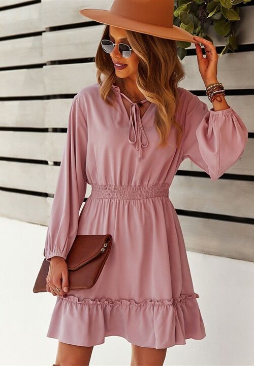 Solid Shirred Waist Dress-Mauve Pink
