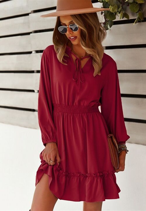 Solid Shirred Waist Dress-Red