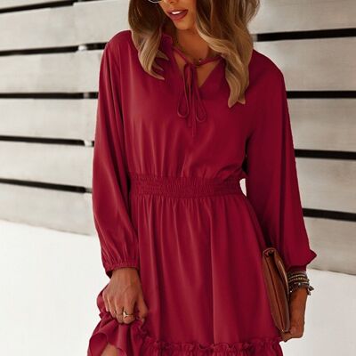 Solid Shirred Waist Dress-Red