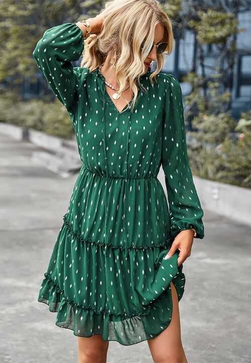 Geometric Print Tiered Dress-Dark Green
