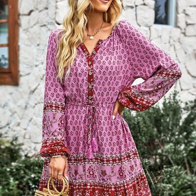 Tassel Tie Waist Boho Dress-Rose