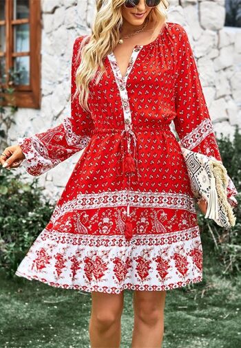 Tassel Tie Waist Boho Dress-Rouge 4