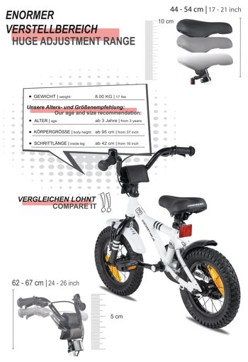 Vélo pour enfants 12 pouces à partir de 3 ans avec roues stabilisatrices et pack de sécurité en blanc 5