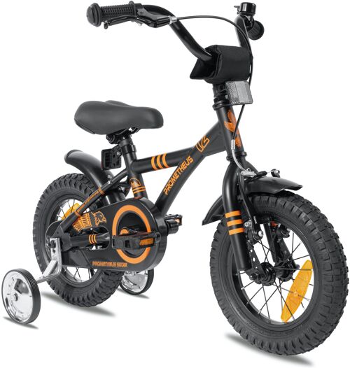 Kinderfahrrad 12 Zoll ab 3 Jahre inkl. Stützräder und Sicherheitspaket in Schwarz Matt Orange