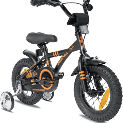 Children's bike 12 inches from 3 years incl. support wheels and safety package in black matt orange