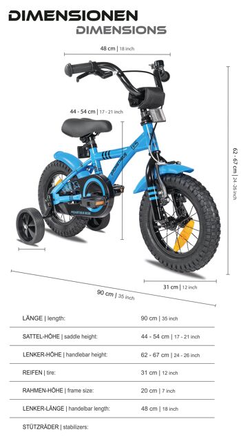 Vélo enfant 12 pouces à partir de 3 ans avec roues stabilisatrices et pack sécurité en bleu 4