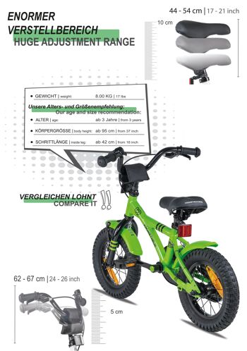 Vélo pour enfants 12 pouces à partir de 3 ans avec roues stabilisatrices et pack de sécurité en vert 5