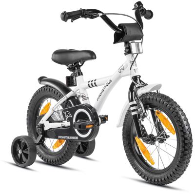 Vélo pour enfants 14 pouces à partir de 4 ans avec roues stabilisatrices et pack de sécurité en blanc