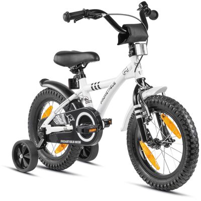 Vélo pour enfants 14 pouces à partir de 4 ans avec roues stabilisatrices et pack de sécurité en blanc