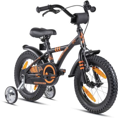 Bicicleta para niños de 14 pulgadas a partir de 4 años con ruedas de apoyo y paquete de seguridad en negro naranja mate