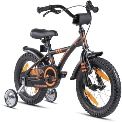Vélo pour enfants 14 pouces à partir de 4 ans avec roues de support et pack de sécurité en noir orange mat