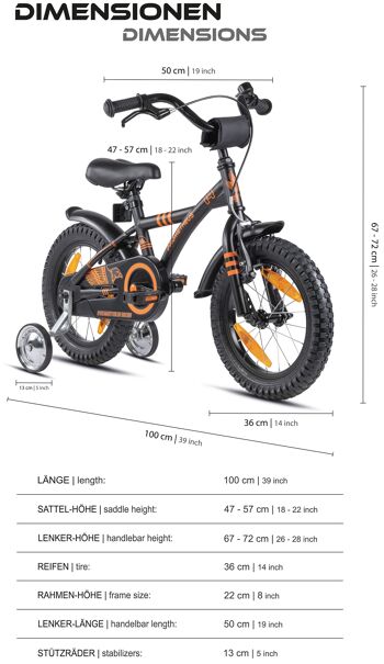 Vélo pour enfants 14 pouces à partir de 4 ans avec roues de support et pack de sécurité en noir orange mat 4