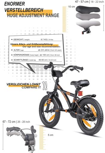 Vélo pour enfants 14 pouces à partir de 4 ans avec roues de support et pack de sécurité en noir orange mat 5