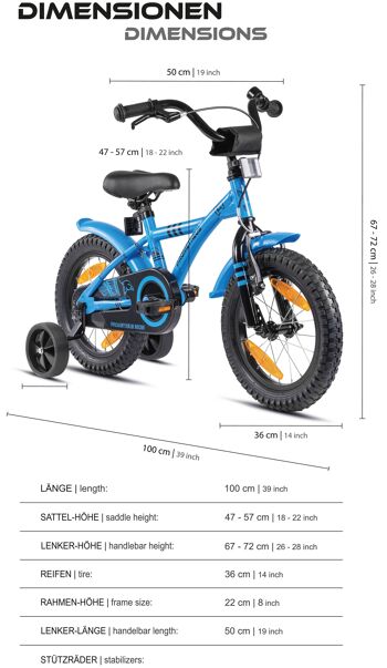 Vélo enfant 14 pouces à partir de 4 ans avec roues stabilisatrices et pack sécurité en bleu 4