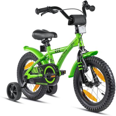 Children's bike 14 inch from 4 years incl. training wheels and safety package in green