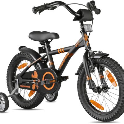 16 inch children's bike from 5 years incl. support wheels and safety package in black matt orange