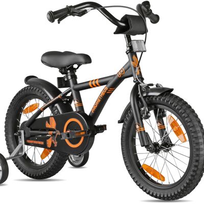Vélo pour enfants 16 pouces à partir de 5 ans avec roues de support et pack de sécurité en noir orange mat