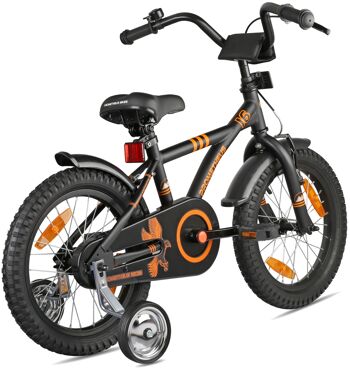 Vélo pour enfants 16 pouces à partir de 5 ans avec roues de support et pack de sécurité en noir orange mat 2