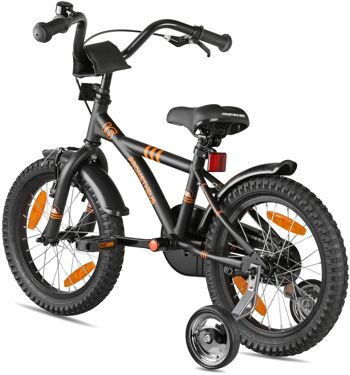 Vélo pour enfants 16 pouces à partir de 5 ans avec roues de support et pack de sécurité en noir orange mat 3