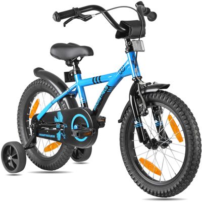 Children's bike 16 inches from 5 years incl. support wheels and safety package in blue and black
