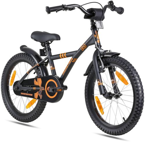 Kinderfahrrad 18 Zoll ab 6 Jahre inkl. Ständer und Sicherheitspaket in Schwarz Matt Orange