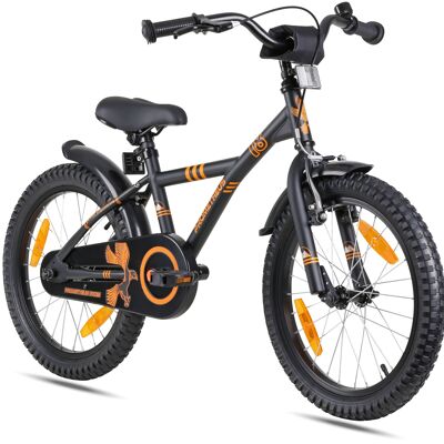 Vélo pour enfants 18 pouces à partir de 6 ans avec béquille et pack de sécurité en noir orange mat