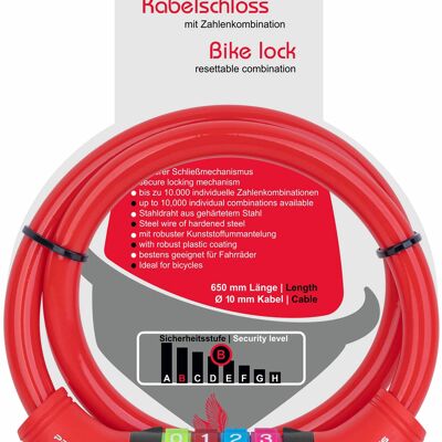 Fahrradschloss für Kinder Zahlen- und Kabel-Schloss in Rot