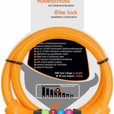 Fahrradschloss für Kinder Zahlen- und Kabel-Schloss in Orange