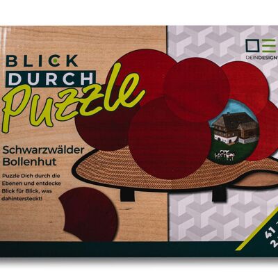 Blick-Durch-Puzzle: Schwarzwälder Bollenhut | Mehrschichtiges Holzpuzzle für die ganze Familie | Geschenk für Schwarzwaldliebhaber