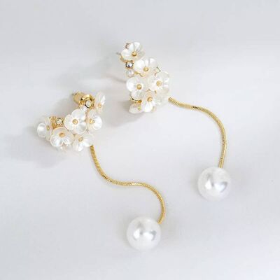 La Chanel Gold Rose Flower Pearl Drop Earrings