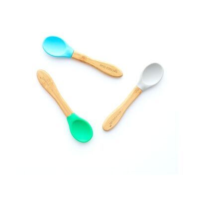Best Bamboo and Silicone Spoon Set - Blue, Grey, Green
