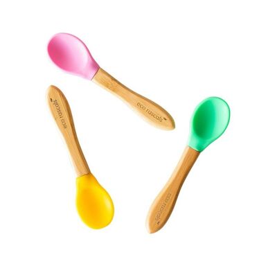 Best Bamboo and Silicone Spoon Set - Yellow, Pink, Green