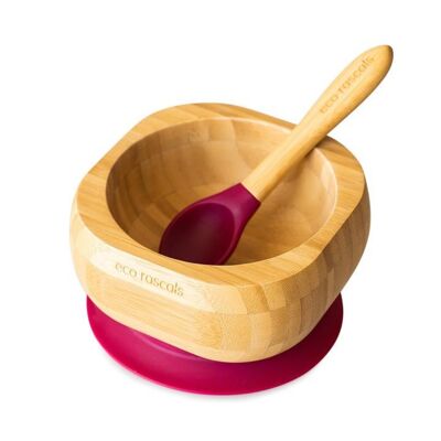 Bamboo Suction Bowl & Spoon Set - Dark Red